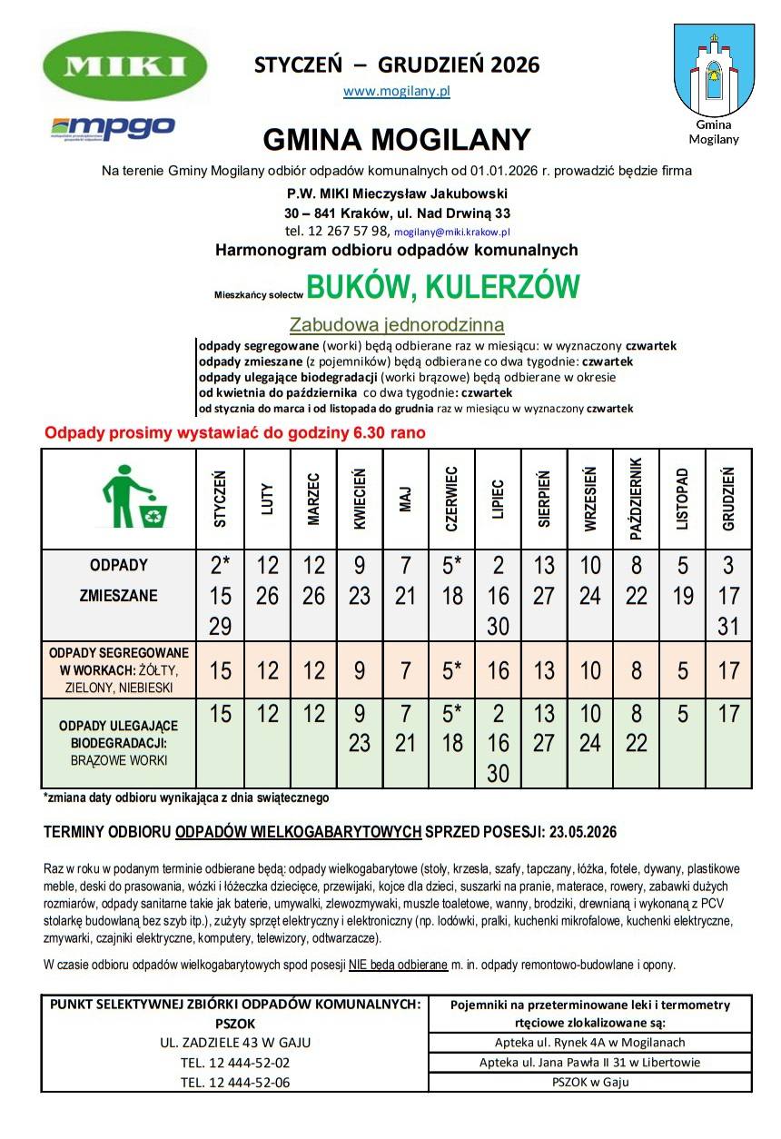 Harmonogram wywozu odpadów w Gminie Mogilany 2026