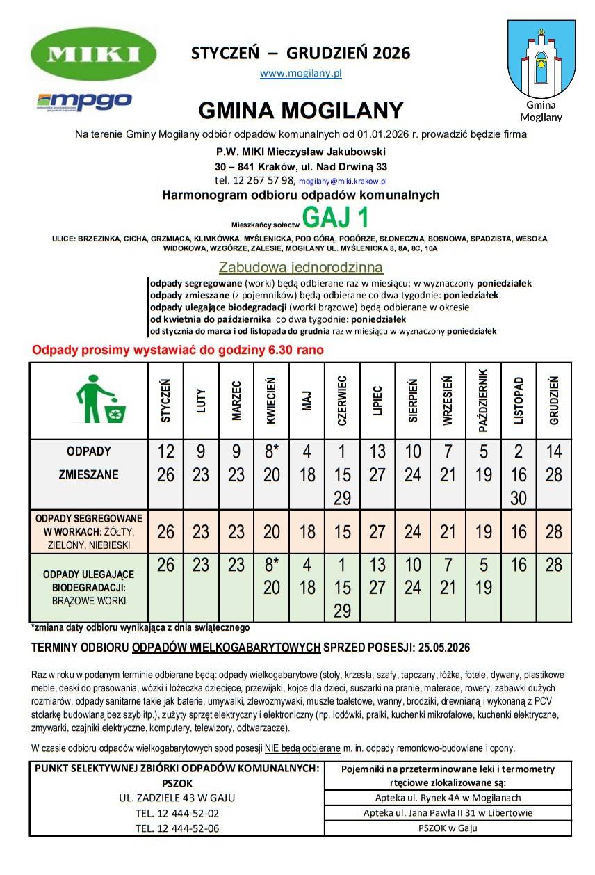 Harmonogram wywozu odpadów w Gminie Mogilany 2026