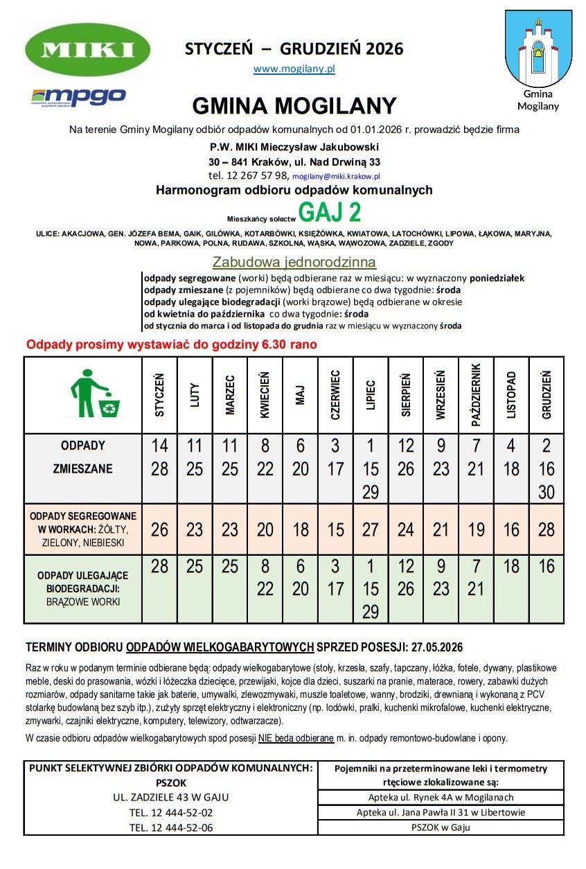 Harmonogram wywozu odpadów w Gminie Mogilany 2026