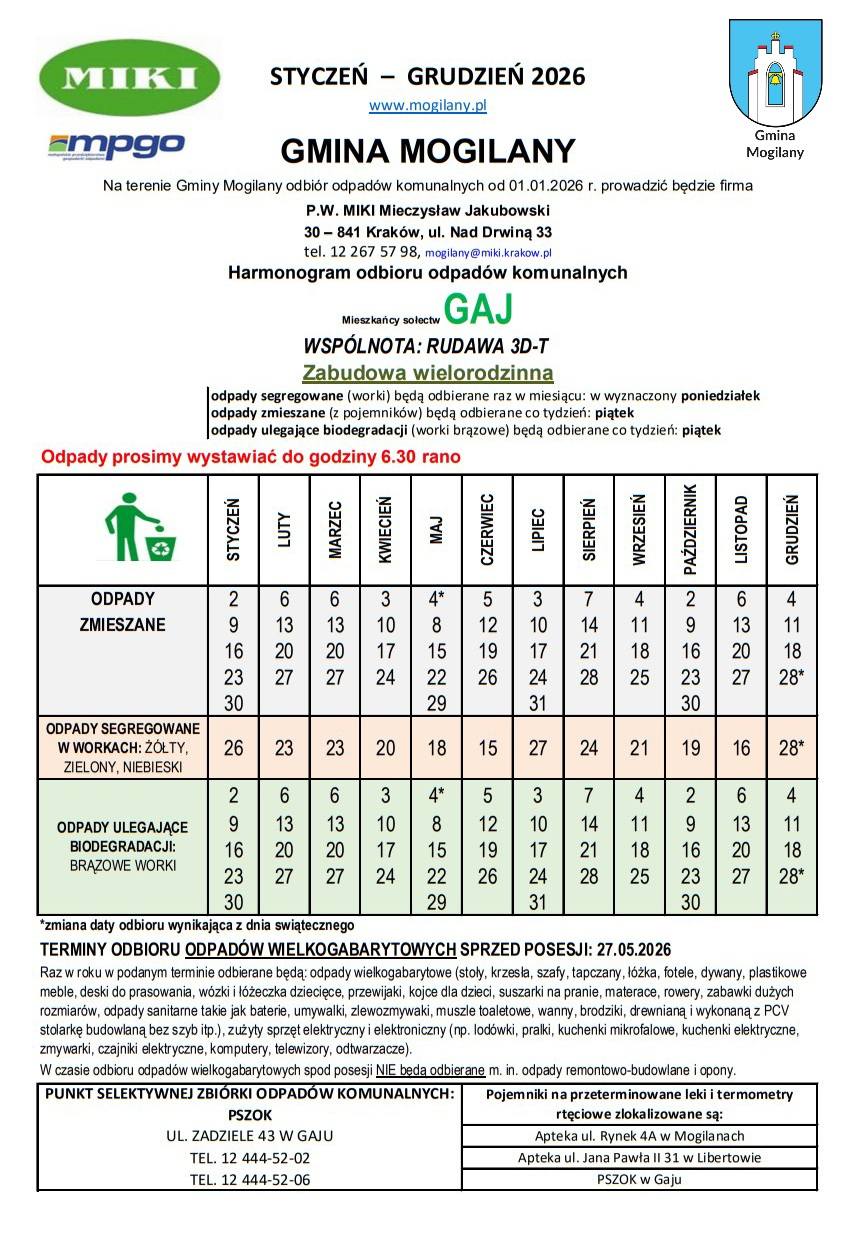 Harmonogram wywozu odpadów w Gminie Mogilany 2026