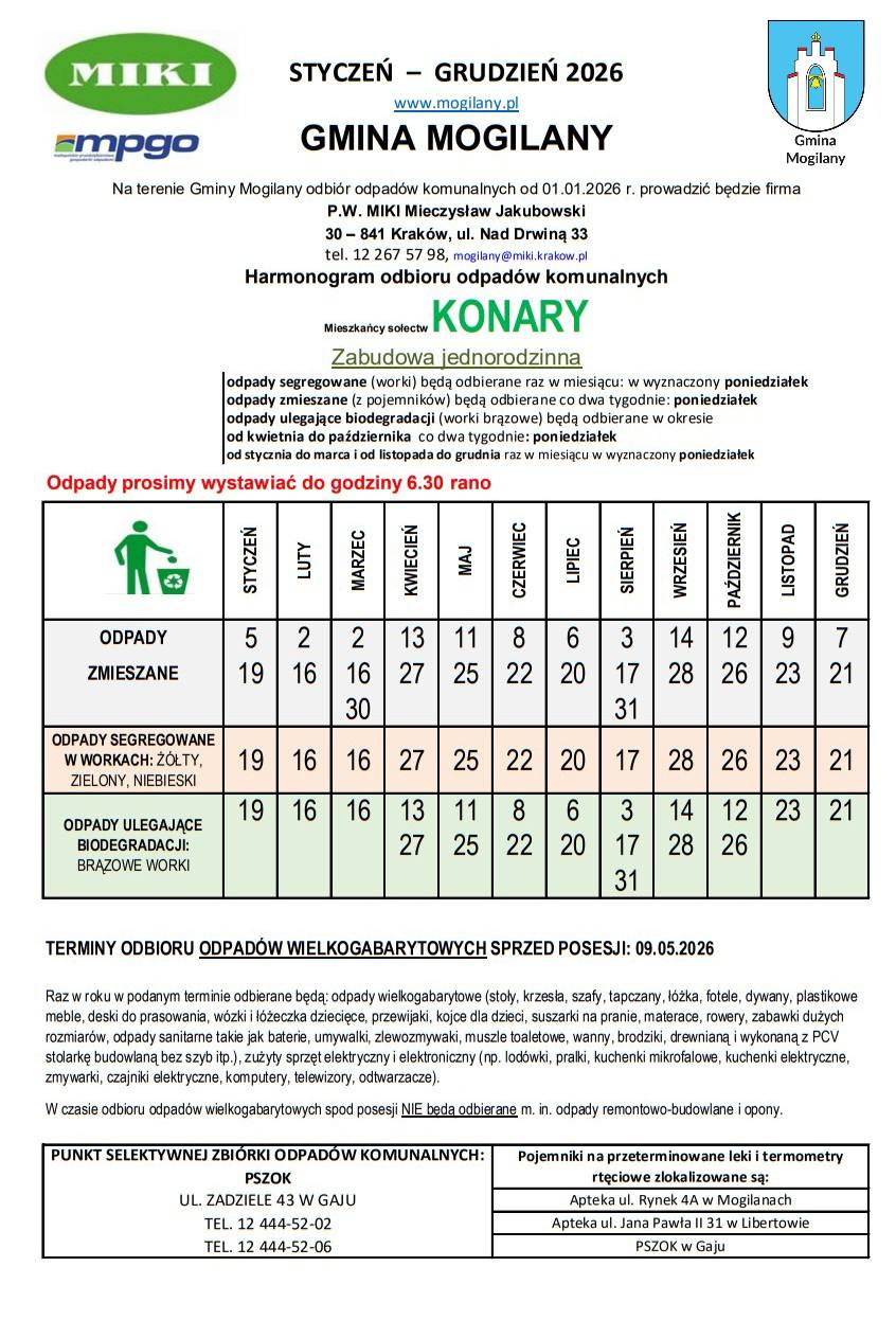 Harmonogram wywozu odpadów w Gminie Mogilany 2026