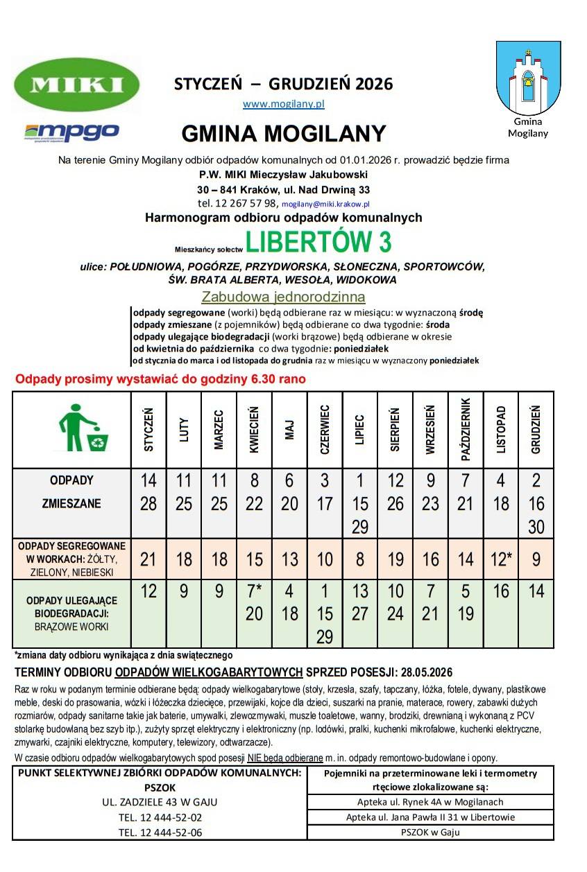Harmonogram wywozu odpadów w Gminie Mogilany 2026