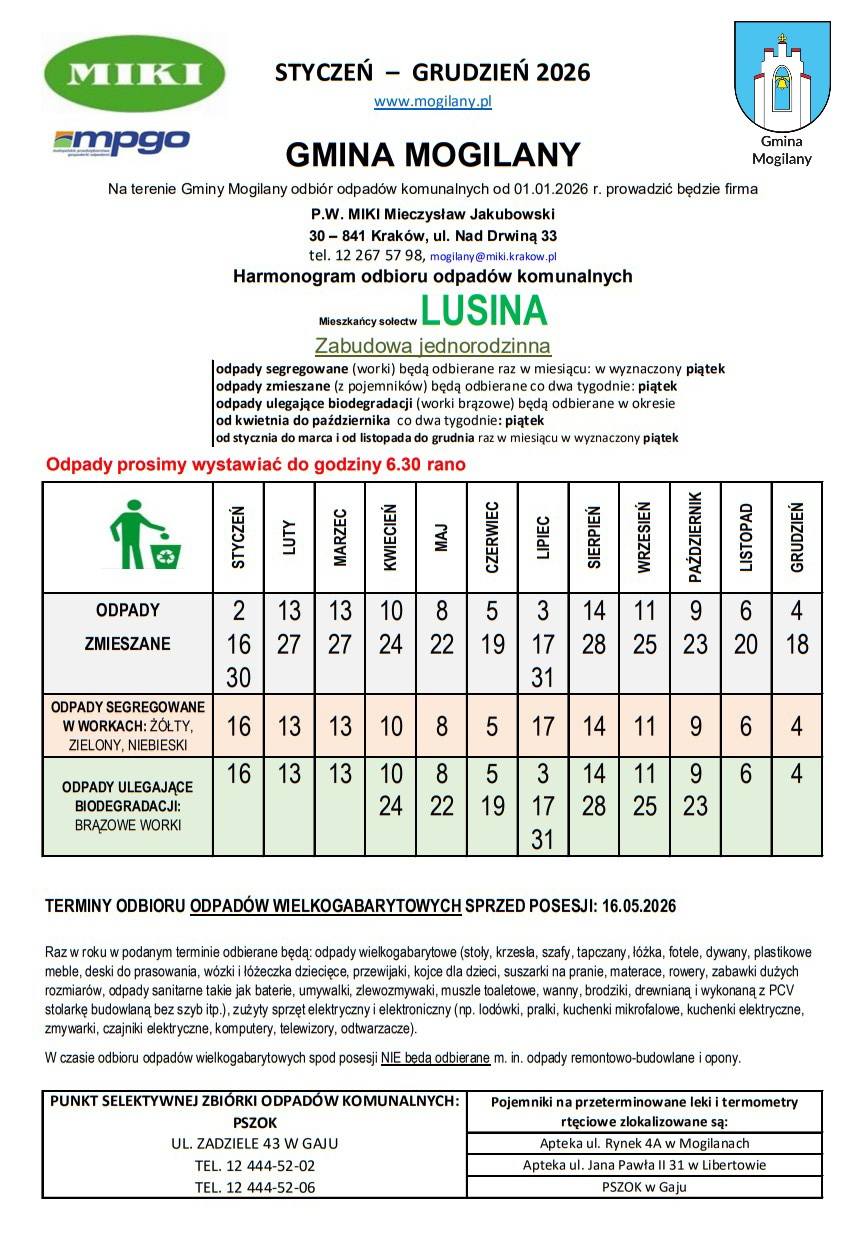 Harmonogram wywozu odpadów w Gminie Mogilany 2026