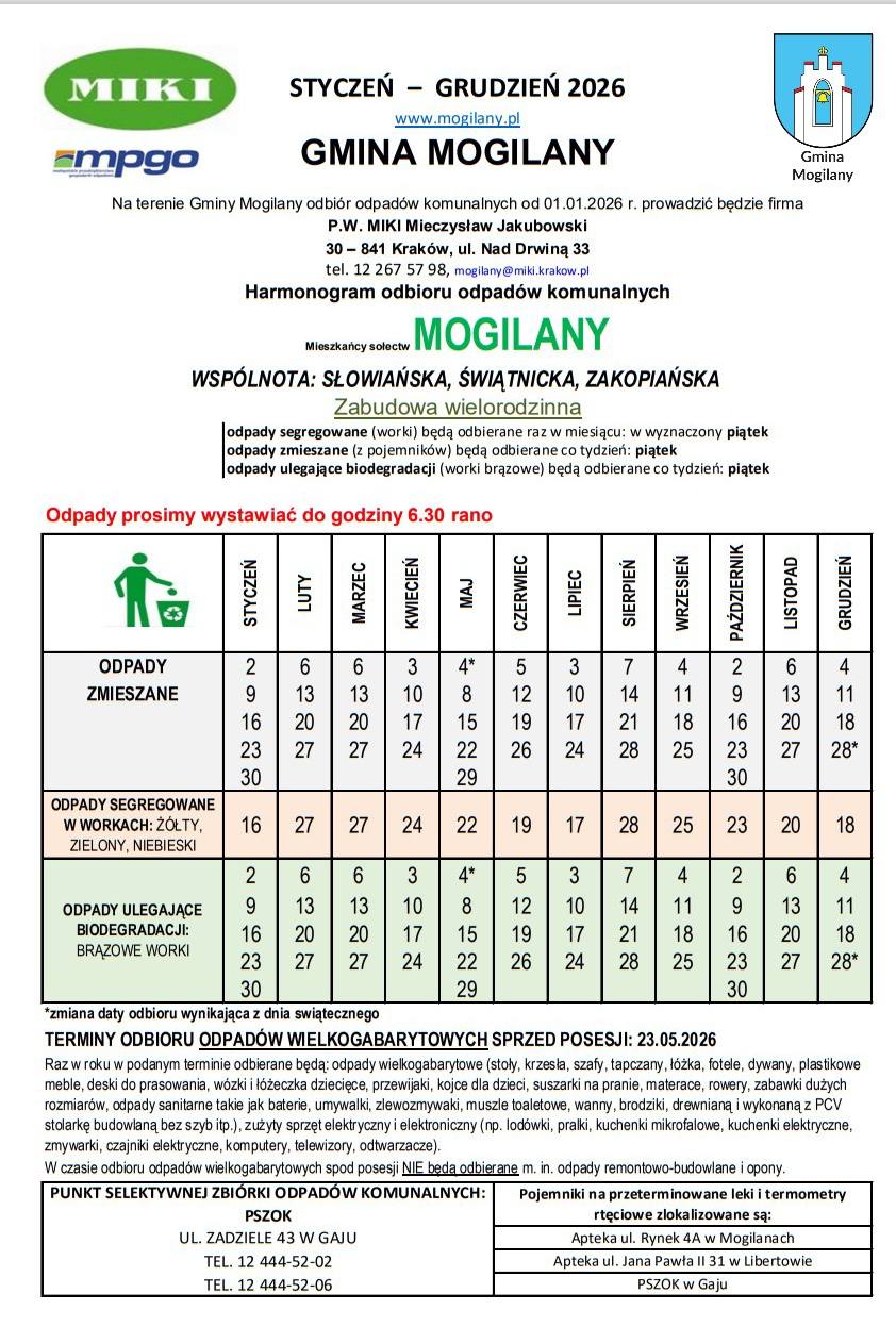 Harmonogram wywozu odpadów w Gminie Mogilany 2026