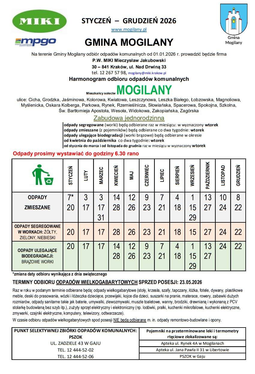 Harmonogram wywozu odpadów w Gminie Mogilany 2026