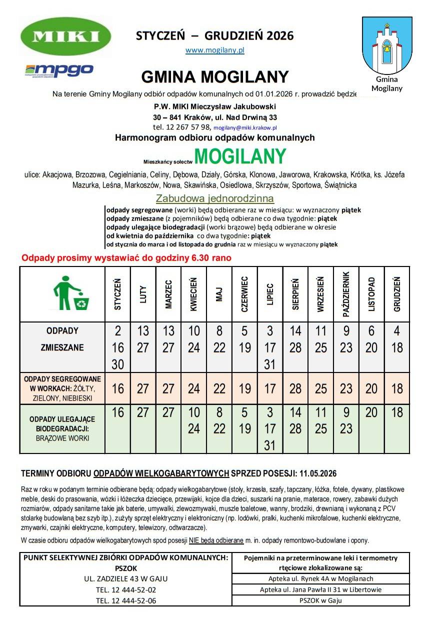 Harmonogram wywozu odpadów w Gminie Mogilany 2026