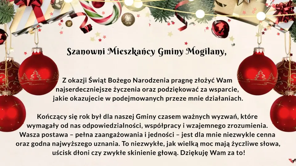 Życzenia świąteczne od Wójta Gminy Mogilany