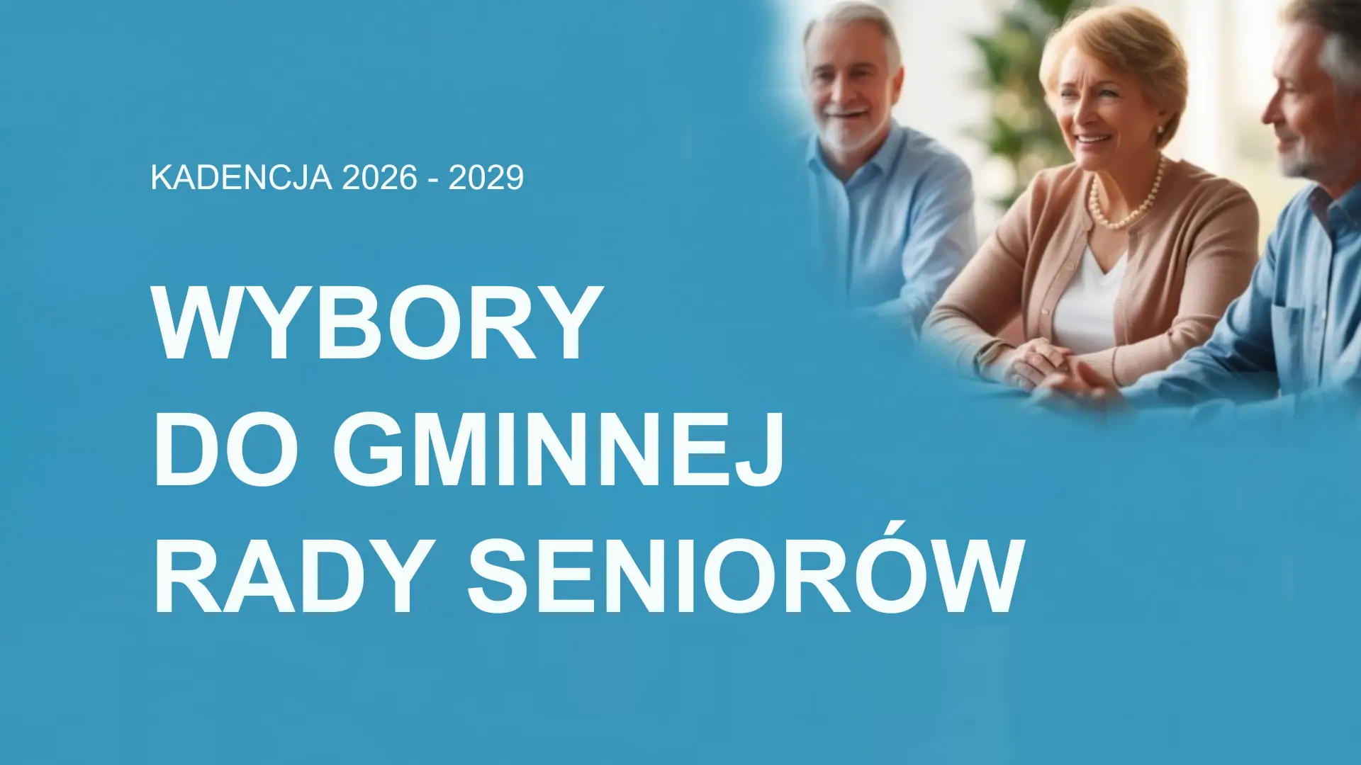 Grafika z uśmiechniętymi seniorami oraz napis: wybory do gminnej rady seniorów