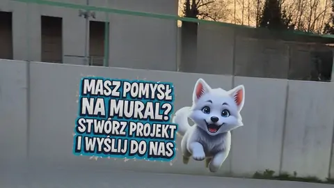zdjęcie murka na którym widnieje napis: Masz pomysł na mural? Stwórz projekt i wyślij do nas. Obok napisu bajkowa postać wilczka Mogilka.