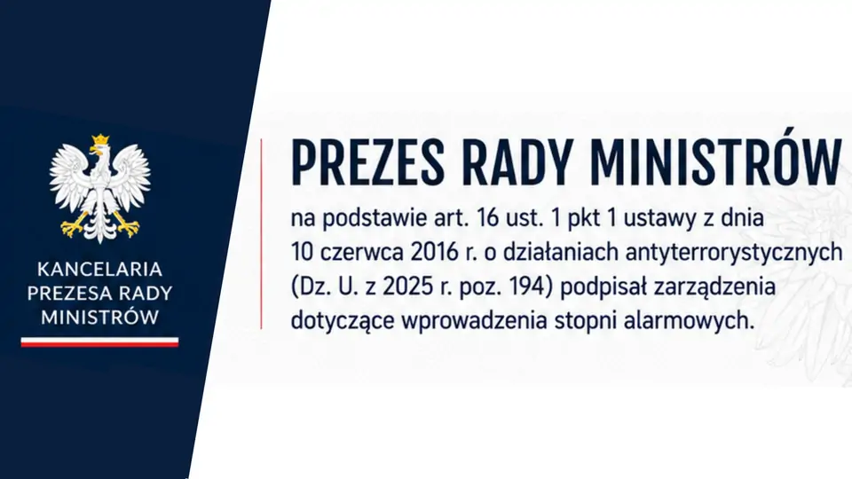 Premier RP Donald Tusk podpisał zarządzenia dotyczące przedłużenia obowiązywania stopni alarmowych. Stopnie te będą obowiązywały do 31 sierpnia 2026 r. do godz. 23:59.