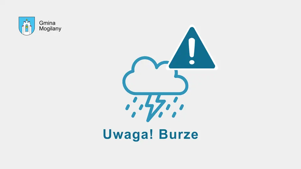 grafika z napisem: uwaga! burze