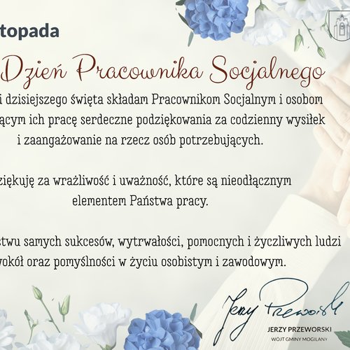 Obraz główny aktualności o tytule Życzenia Wójta Gminy Mogilany z okazji Dnia Pracownika Socjalnego
