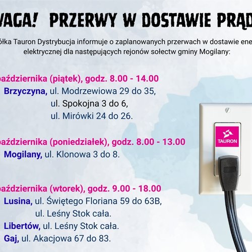 Obraz główny aktualności o tytule UWAGA! Planowane przerwy w dostawie prądu