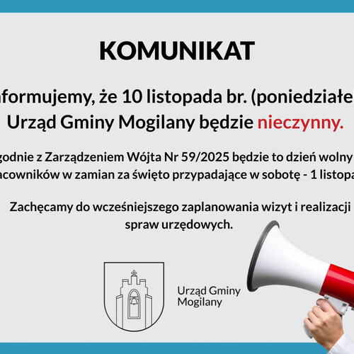 Obraz główny aktualności o tytule Urząd Gminy nieczynny w dn. 10.11.2025 r.