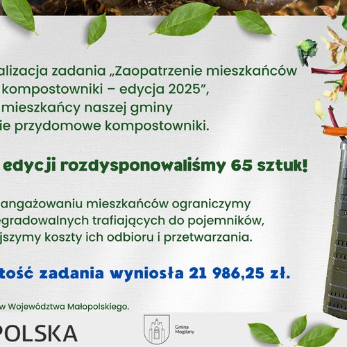 Obraz główny aktualności o tytule Dobiegła końca realizacja zadania &quot;Zaopatrzenie mieszkańców Gminy Mogilany w kompostowniki - edycja 2025&quot;