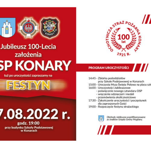 Obraz główny aktualności o tytule Obchody założenia 100 - lecia Ochotniczej Straży Pożarnej w Konarach. 